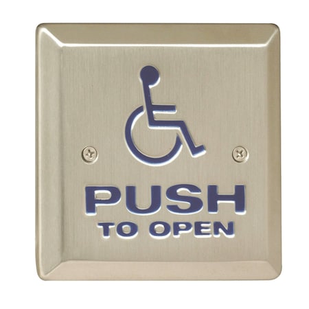 Camden 4-1/2-in Square Push Plate Switch, Exposed Screws, SPDT Relay, 'Push to Open' Text/Wheelchair Symbol CM-46/4